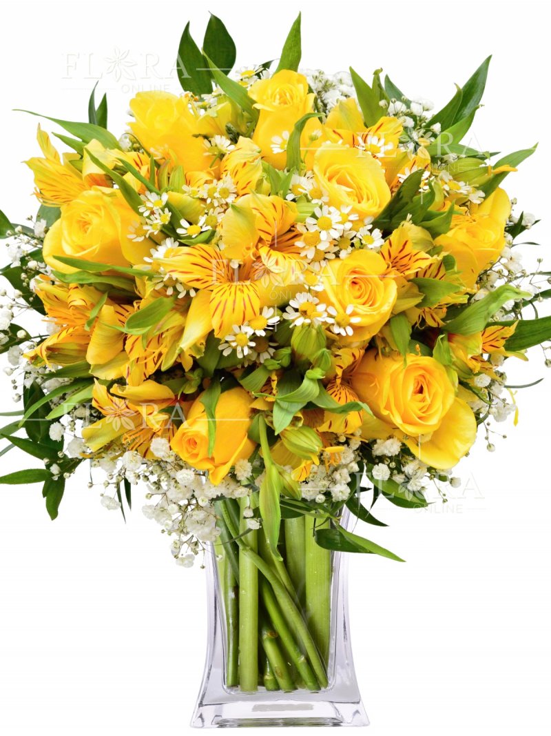 Желтые розы + альстромерия - доставка цветов