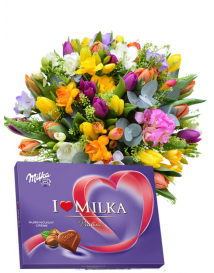 Tulipány + frézie + milka 110g.