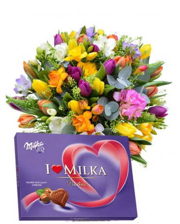 Tulipány + frézie + milka 110g.