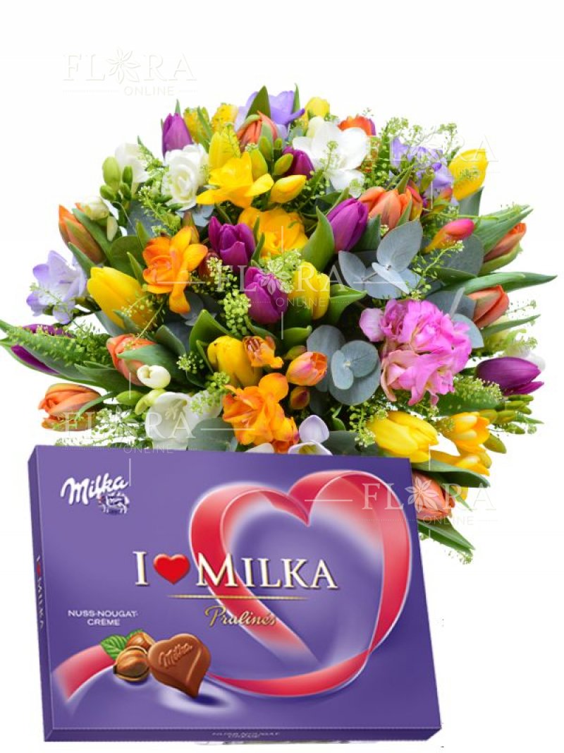 Kytice + bonboniéra Milka - rozvoz květin