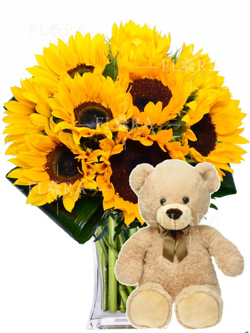 Slunečnice a plyšový medvídek - rozvoz květin