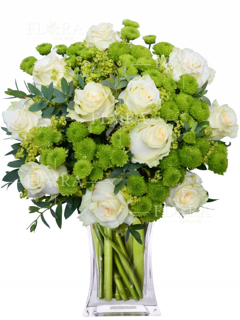 Белые розы + Сантини: доставка цветов