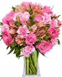 Růžové růže + alstromerie : květiny online